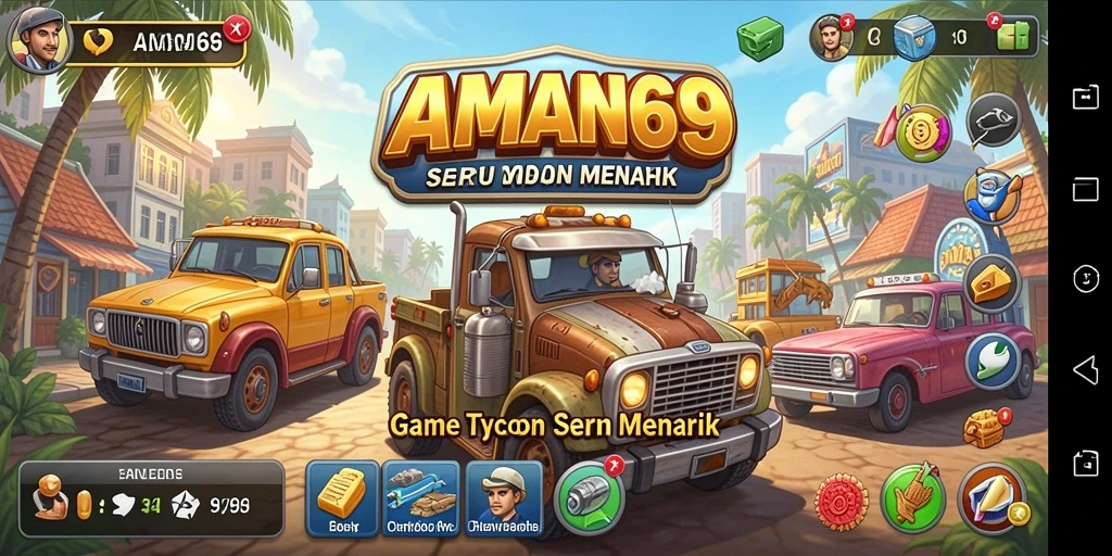 Tangkapan layar gameplay AMAN69 yang menunjukkan strategi manajemen bisnis.
