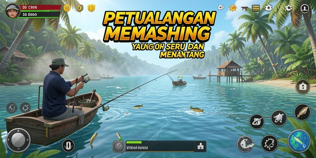 Gameplay DY01 dengan berbagai jenis ikan dan lokasi memancing yang menarik.