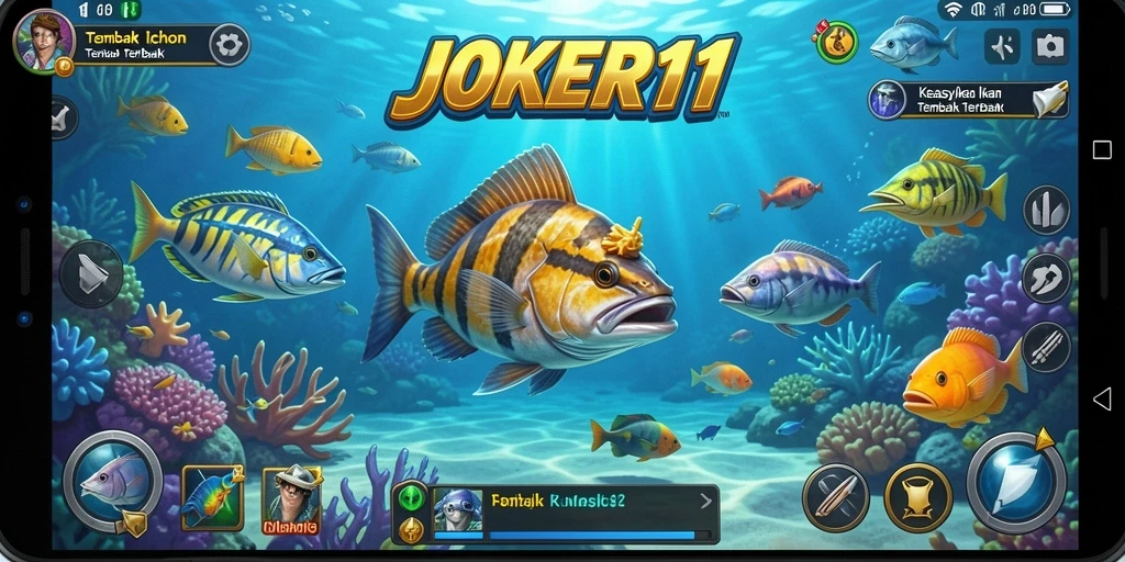 Screenshot utama JOKER11 menunjukkan gameplay menembak ikan yang seru dan menarik.