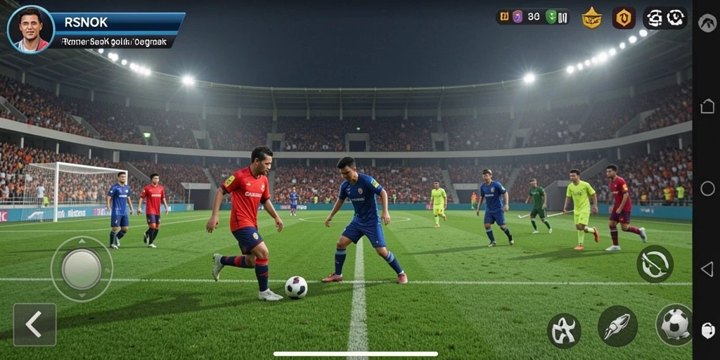 Tangkapan layar gameplay RSNOK yang menampilkan aksi sepak bola intens.